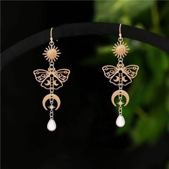 Moon Star Mushroom Earrings | Celestial Gold Dangle Earrings | Hypoallergenic - Picture 4 of 5